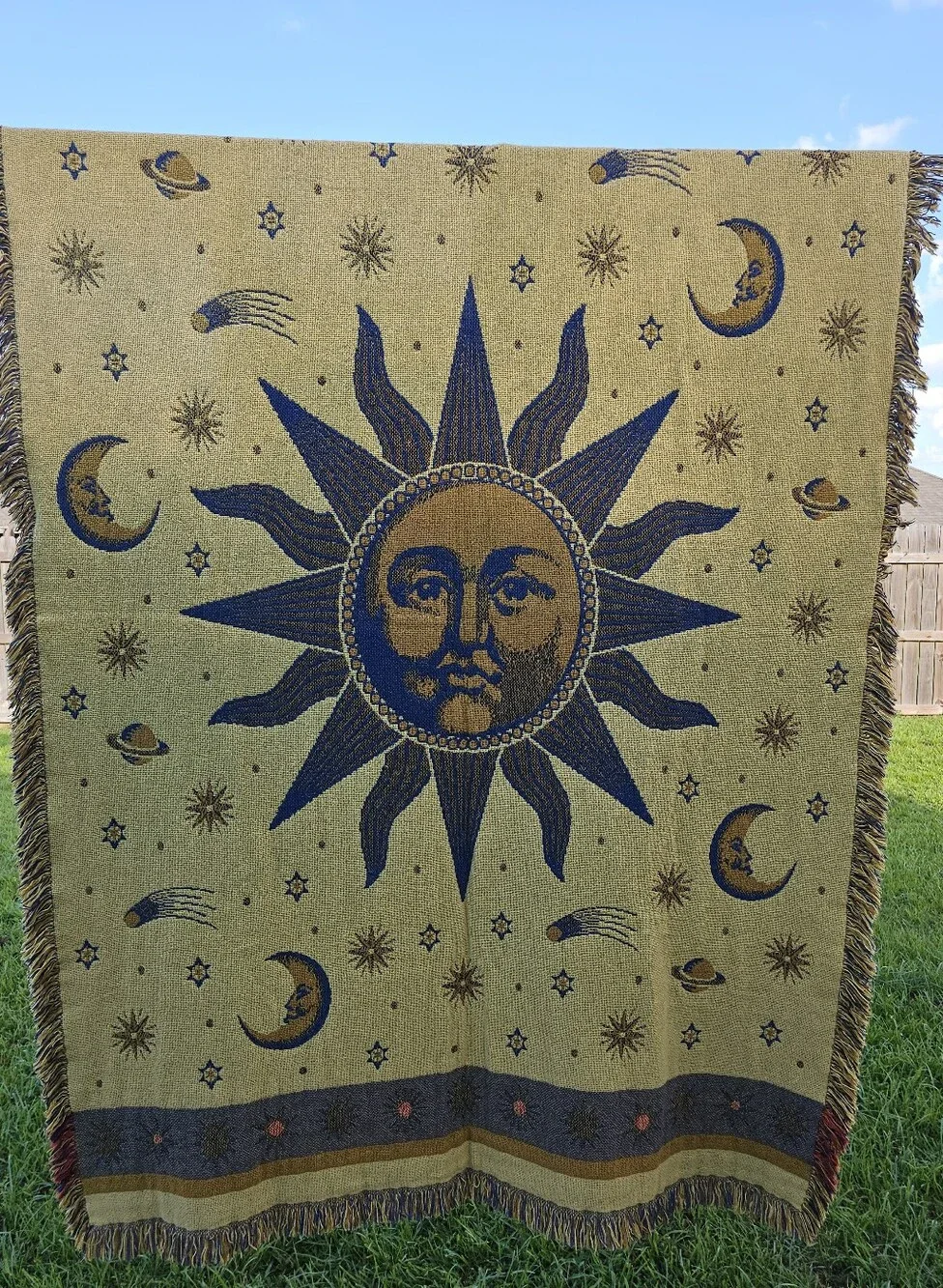 Vintage Sun & Stars Woven Tapestry Throw Blanket 90s Reversible